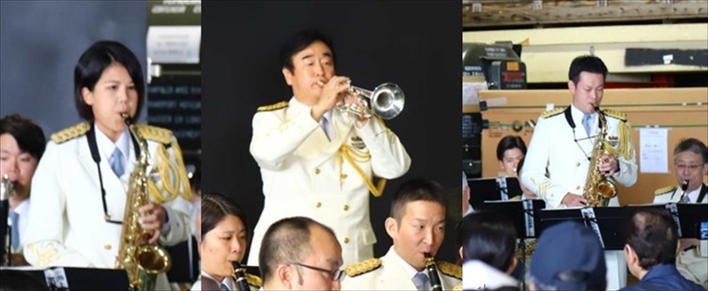 ソロを吹く音楽隊員(左から市川隊員、奥屋隊員、永井副隊長)