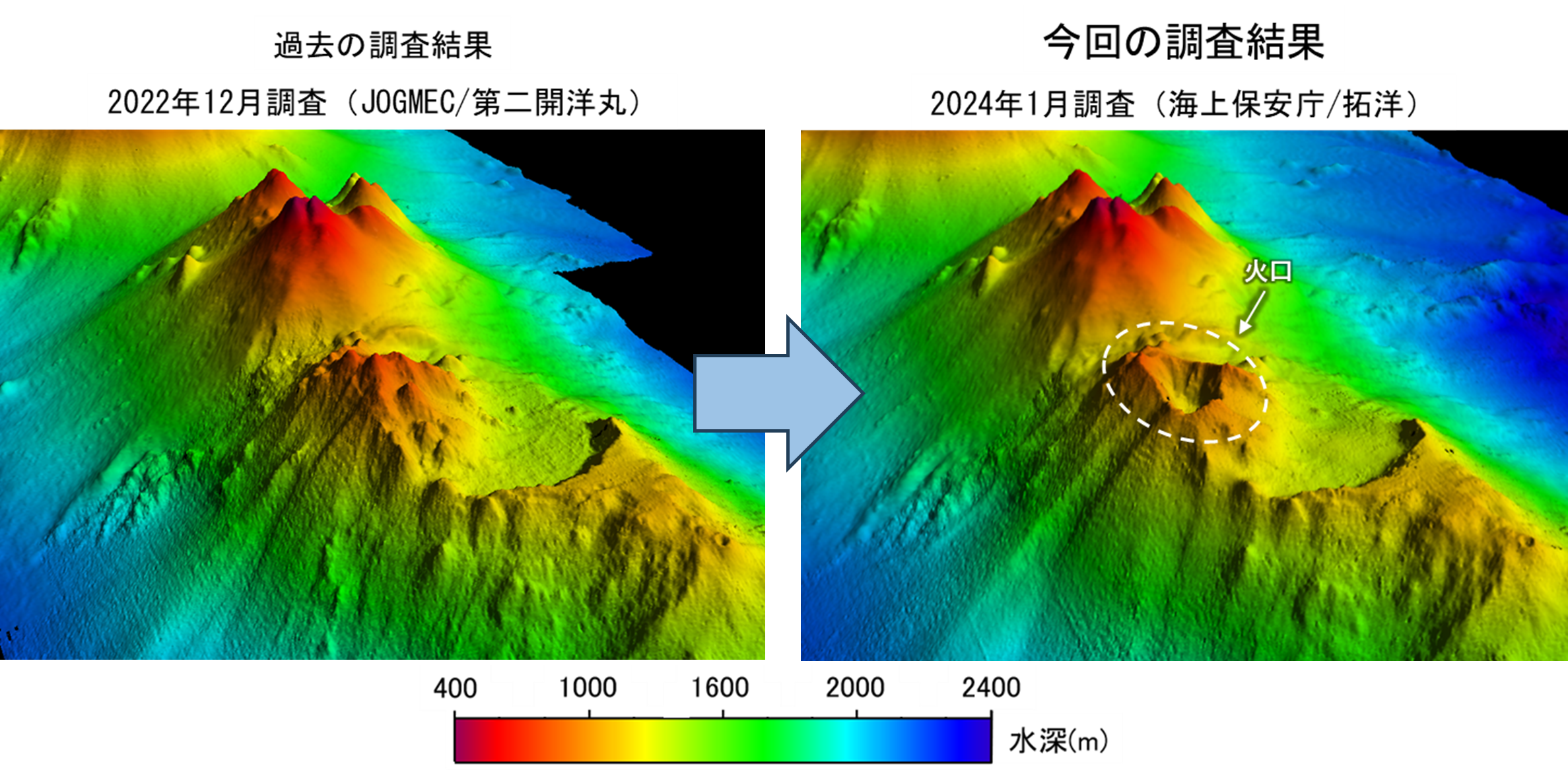 図3 2022年12月調査(左)と2024年1月調査(右)の鳥観図 図3 2022年12月調査(左)と2024年1月調査(右)の鳥観図